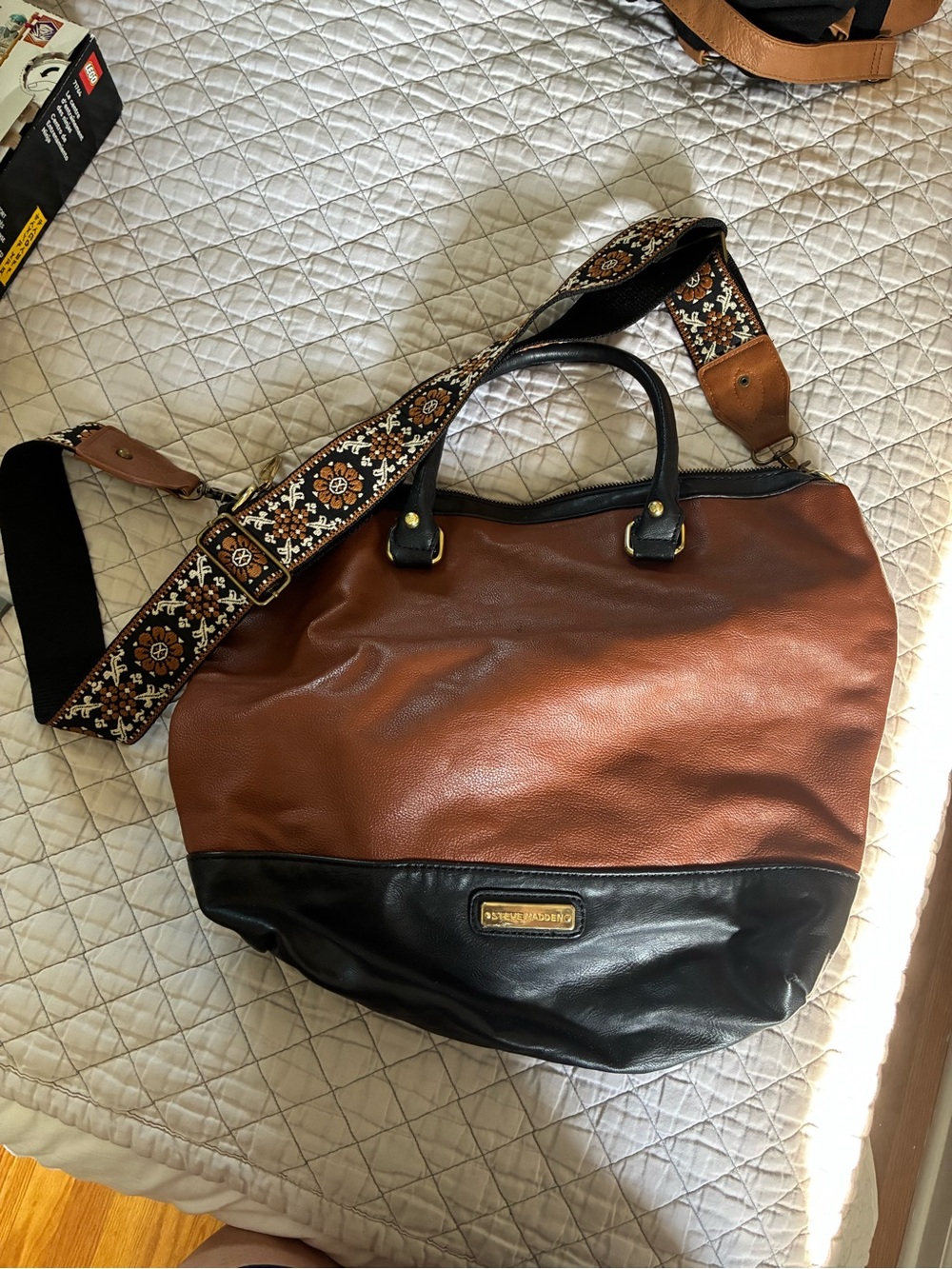 Steve Madden Brown and Black Leather Tote with Patterned Adjustable Strap